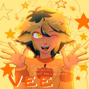 1girl artist_name blonde_hair blue_hair blush character_name highres open_mouth short_hair solo sooskelzz star_(symbol) sweater teeth the_owl_house upper_body upper_teeth_only vee_(the_owl_house) waving_hands yellow_eyes yellow_sweater