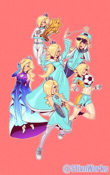 1girl aqua_dress biker_rosalina blonde_hair brooch commentary crown dress earrings english_commentary grey_crown hair_over_one_eye highres jewelry mario_(series) mario_kart mario_kart_tour nintendo rosalina silver_crown star_(symbol) star_bit star_brooch star_earrings star_wand stivnworks super_mario_galaxy wand