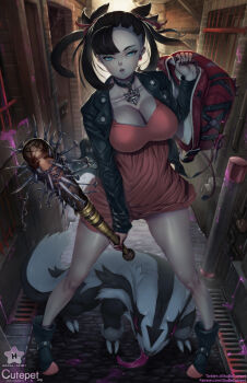 1girl alley aqua_eyes asymmetrical_bangs backpack bag baseball_bat black_jacket boots breasts claws cleavage collar cutepet dagger dress earrings expressionless galarian_form galarian_linoone gen_3_pokemon gen_8_pokemon hair_ribbon highres holding holding_bag holding_baseball_bat holding_weapon jacket jewelry knife large_breasts leather leather_jacket linoone looking_at_viewer marnie_(pokemon) nail_(hardware) nail_polish nintendo open_clothes open_jacket patreon_username pendant pentagram pink_dress pink_eyes pokemon pokemon_(creature) pokemon_swsh ribbon spikes standing tail tongue twitter_username watermark weapon web_address