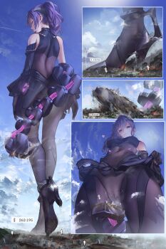 absurdres antinomychina asahina_mafuyu bare_shoulders blue_sky cameltoe city commentary from_above giant giantess heart high_heels highres looking_down ponytail project_sekai purple_eyes purple_hair sky