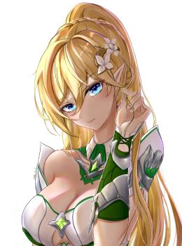 Rule 34 | 1girl, blonde hair, blue eyes, breasts, chinese commentary, cleavage, commentary request, dress, durandal (emerald of alfheim) (honkai impact), durandal (honkai impact), elf, flower, hair flower, hair ornament, high ponytail, highres, honkai (series), honkai impact 3rd, large breasts, long hair, looking at viewer, official alternate costume, pointy ears, ponytail, simple background, solo, upper body, very long hair, white background, white dress, ying ling