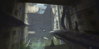 2girls abandoned absurdres backpack bag black_hair building cable city commentary_request grey_hair hang000 highres industrial_pipe long_hair multiple_girls non-humanoid_robot original overgrown post-apocalypse rebar robot scenery sitting skirt standing water wide_shot window