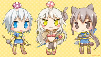 Rule 34 | 3girls, :3, archer (ragnarok online), arrow (projectile), bikini, bikini top only, blue dress, blue eyes, blush stickers, boots, bow (weapon), brown boots, brown capelet, brown eyes, brown gloves, brown hair, brown thighhighs, capelet, chibi, chibi only, closed mouth, commentary request, dress, full body, gloves, grey hair, holding, holding bow (weapon), holding staff, holding weapon, long hair, looking at viewer, mage (ragnarok online), midriff, multiple girls, muneate, mushroom on head, navel, open mouth, pelvic curtain, polka dot, polka dot background, quiver, ragnarok online, red bikini, red boots, short hair, short sleeves, smile, staff, standing, swimsuit, thighhighs, weapon, yellow background, yousagi