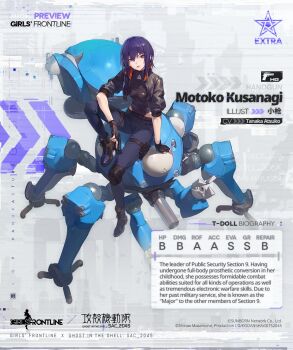 1girl 1other crossover cyberpunk english_text fingerless_gloves ghost_in_the_shell ghost_in_the_shell:_sac_2045 girls&#039;_frontline gloves gun handgun highres holding holding_gun holding_weapon jacket kusanagi_motoko leotard looking_at_viewer mecha non-humanoid_robot official_art purple_eyes purple_hair robot science_fiction short_hair spider_tank tachikoma trigger_discipline walker_(robot) weapon