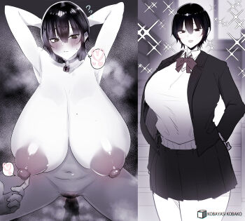 1boy 1girl @_@ armpits arms_behind_head arms_up artist_name before_and_after black_choker black_hair black_jacket black_skirt blazer blush bow bowtie breasts choker completely_nude embarrassed female_pubic_hair gigantic_breasts girl_on_top hand_on_own_hip heart huge_breasts imminent_penetration jacket kobayashi_kobako lock mole mole_on_breast mole_under_eye monochrome multiple_views navel nipple_stimulation nipples nude open_clothes open_jacket open_mouth original padlock padlocked_collar penis pov pubic_hair pussy red_bow red_bowtie sagging_breasts saturated school_uniform short_hair skirt sparkle sparkle_background spoken_heart squatting standing steaming_body sweater_vest