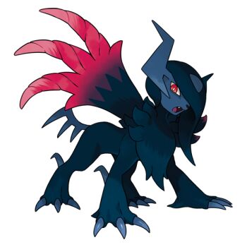 absol asymmetrical_horns black_fur blue_horns body_fur claws colored_skin fangs gen_3_pokemon hair_over_one_eye horns mega_absol_z mega_pokemon nintendo no_humans official_art one_eye_covered open_mouth pokemon pokemon_(creature) pokemon_focus pokemon_legends:_z-a red_eyes red_wings tail third-party_source uneven_horns v-shaped_eyes wings