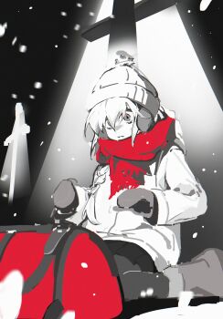 Rule 34 | 1girl, absurdres, alternate costume, bag, bags under eyes, beanie, boots, coat, commentary request, duffel bag, earflap beanie, full body, fur-trimmed boots, fur trim, greyscale, hair over shoulder, hat, highres, ia (vocaloid), lamppost, long hair, long sleeves, mittens, monochrome, night, on ground, outdoors, parted lips, pom pom (clothes), pom pom beanie, red bag, red scarf, scared, scarf, silly terror (vocaloid), sitting, snowing, solo, spot color, vocaloid, wariza, wenp, wide-eyed, winter clothes, winter coat