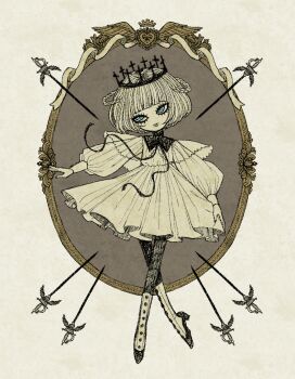Rule 34 | 1girl, black lips, black pantyhose, black ribbon, blue eyes, blunt bangs, boots, braid, braided hair rings, capelet, closed mouth, crown, dress, eleanor (ohmyeleanor), expressionless, frilled dress, frills, hair rings, heart, original, pantyhose, ribbon, see-through capelet, see-through clothes, short hair, solo, surrounded, sword, victorian, weapon, white background, white boots, white dress, white ribbon