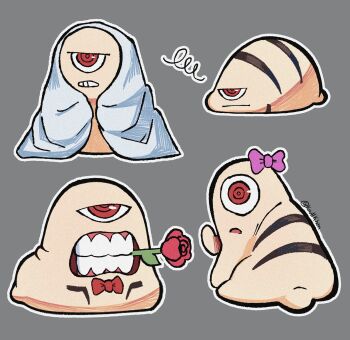 alternate_form back_tattoo bald blanket blob bow commentary cyclops english_commentary flower flower_in_mouth full_body grey_background gums highres jujutsu_kaisen knullkhan one-eyed outline pink_bow red_bow red_flower red_rose ringed_eyes rose ryoumen_sukuna_(jujutsu_kaisen) ryoumen_sukuna_(true_form)_(jujutsu_kaisen) short_tail signature simple_background squiggle tail tattoo teeth twitter_username white_outline