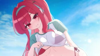 1girl animated bikini bikini_under_clothes blue_sky bonyong bouncing_breasts breasts clothes_lift day dutch_angle goddess_of_victory:_nikke hairband half-closed_eyes large_breasts matching_hair/eyes outdoors ponytail rapi_(nikke) rapi_(red_hood)_(nikke) rapi_(red_hood)_(red_flavor)_(nikke) red_bikini red_eyes red_hair see-through_clothes see-through_shirt shirt shirt_lift short_sleeves side-tie_bikini_bottom sky smile solo swimsuit t-shirt tagme upper_body video