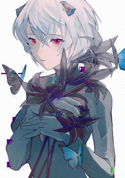 1girl absurdres alternate_color alternate_hair_color ayanami_rei black_butterfly black_flower blue_butterfly bug butterfly eyelashes flower hair_between_eyes high_collar highres holding holding_flower insect lily_(flower) lips looking_at_viewer mecha_pilot_suit muted_color neon_genesis_evangelion parted_lips pink_eyes plugsuit_(evangelion) short_hair simple_background solo static upper_body vhs_artifacts white_background white_hair xianyu_liang