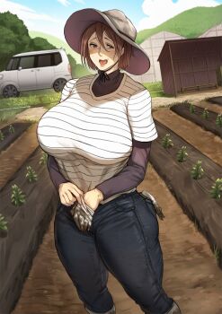 1girl bags_under_eyes barn breasts brown_eyes brown_hair curvy day denim farm farmer gardening gloves hat highres huge_breasts jeans large_breasts lips lipstick long_sleeves looking_at_viewer makeup mature_female open_mouth original outdoors pants plump rural shirt short_hair sky solo striped_clothes striped_shirt thick_thighs thighs toshi_(8868750)