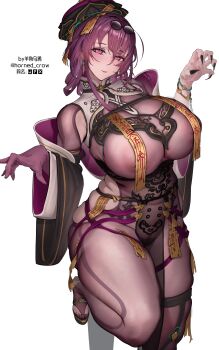 1girl absurdres areola_slip black_nails blush bracelet breast_curtains breasts chinese_clothes claw_pose covered_erect_nipples earrings eyewear_on_head fingernails glasses hair_between_eyes hat highres honkai:_star_rail honkai_(series) horned_crow huge_breasts jewelry jiangshi jiangshi_costume kafka_(honkai:_star_rail) korean_text large_breasts long_hair looking_at_viewer ofuda pince-nez purple_eyes purple_hair qingdai_guanmao round_eyewear sharp_fingernails simple_background smile solo spider_web_print standing standing_on_one_leg sunglasses talisman thick_thighs thighs white_background wide_sleeves