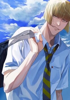 Rule 34 | 1boy, adam's apple, ajuji aju, bag, bleach, blonde hair, blunt bangs, blunt ends, cloud, cloudy sky, collared shirt, commentary, diagonal-striped clothes, diagonal-striped necktie, highres, hirako shinji, holding, holding bag, karakura high school uniform, male focus, necktie, parted lips, school bag, school uniform, shirt, sky, solo, striped clothes, symbol-only commentary, teeth, upper body, white shirt