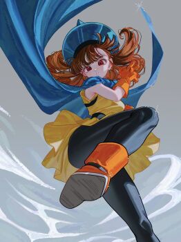 1girl alena_(dq4) belt black_belt black_pantyhose blue_cape blue_hat blunt_bangs boots cape cape_hold curly_hair dragon_quest dragon_quest_iv dress dust_cloud earrings fighting_stance floating_cape floating_hair foot_out_of_frame glint gloves grey_background hat highres jewelry kicking long_hair looking_at_viewer okita_(sukult_4) orange_boots orange_gloves orange_hair pantyhose parted_lips red_eyes solo sphere_earrings tunic yellow_dress yellow_tunic