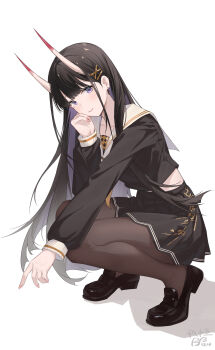1girl absurdres azur_lane black_hair black_pantyhose black_serafuku black_shirt black_shoes black_skirt closed_mouth commentary_request earrings full_body hand_up highres horns jewelry loafers long_hair long_sleeves looking_at_viewer noshiro_(azur_lane) oni pantyhose ping_zhong_yu purple_eyes sailor_collar school_uniform serafuku shadow shirt shoes simple_background skirt smile solo squatting very_long_hair white_background white_sailor_collar