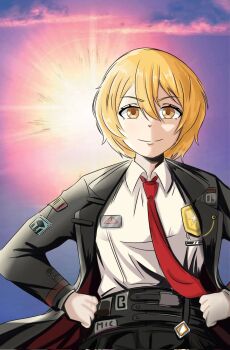 aiguillette backlighting black_coat black_pants blonde_hair clenched_hand coat collared_coat collared_shirt commentary don_quixote_(project_moon) hair_between_eyes hands_on_own_hips highres lcb_uniform_(project_moon) limbus_company long_sleeves medal meme multicolored_coat necktie ngrider pants project_moon red_coat red_necktie shirt short_hair smile sticker_on_clothes sun sunset superman_starman_(meme) two-tone_coat v-shaped_eyebrows white_shirt yellow_eyes