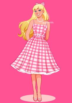 Rule 34 | 1girl, absurdres, arms behind back, barbie (character), barbie (franchise), barbie (live action), blonde hair, blue eyes, bow, commentary, dress, earrings, english commentary, full body, hair bow, highres, jewelry, long hair, necklace, pink background, pink shoes, shoes, simple background, smile, solo, twitter username, ynartistic