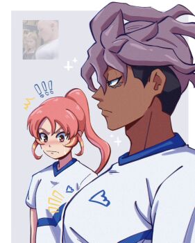 1boy 1girl inazuma_eleven_(series) inazuma_eleven_victory_road looking_at_another photo_(medium) pichichustudio purple_hair red_hair sakurazaki_jouji shinohara_raika shirt simple_background soccer_uniform sportswear t-shirt twitter upper_body white_background