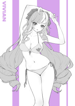1girl absurdres ahoge alternate_costume arms_up bare_shoulders bikini blush breasts character_name chinese_commentary cleavage collarbone commentary_request fingernails greyscale_with_colored_background highres large_breasts long_fingernails long_hair looking_at_viewer mole mole_under_eye multicolored_hair navel open_mouth pointy_ears shadow_lxy side-tie_bikini_bottom sidelocks solo stomach streaked_hair swimsuit thighs very_long_hair vivian_banshee zenless_zone_zero