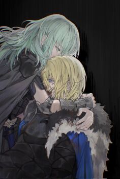 1boy 1girl armor arms_around_neck black_armor black_background black_cape black_fur black_gorget blonde_hair blood blood_on_face blue_cape blue_eyes breastplate cape commentary cowboy_shot dagger dimitri_alexandre_blaiddyd dimitri_alexandre_blaiddyd_(timeskip) female_byleth_(fire_emblem) fire_emblem fire_emblem:_three_houses gorget green_hair hashtag-only_commentary hetero highres holstered hug injury knife long_hair nintendo short_sleeves tricoliet weapon white_fur