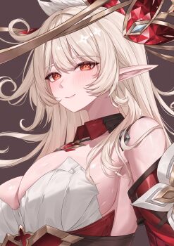 1girl absurdres ahoge alice_(genshin_impact) bare_shoulders blonde_hair blush breasts cleavage closed_mouth commentary detached_sleeves genshin_impact hair_between_eyes highres katrinabluuuuu large_breasts light_smile long_hair long_pointy_ears looking_at_viewer pointy_ears red_eyes sideboob solo symbol_in_eye teeth upper_teeth_only very_long_hair