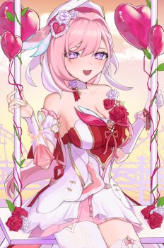 1girl balloon bare_shoulders beret breasts cleavage commentary_request diamond-shaped_pupils diamond_(shape) dress elysia_(hi_love_elf)_(honkai_impact) elysia_(honkai_impact) gloves hat heart_balloon highres honkai_(series) honkai_impact_3rd large_breasts long_hair looking_at_viewer multicolored_hair on_swing pink_hair purple_eyes red_dress rerushia single_glove solo swing symbol-shaped_pupils thighhighs two-tone_dress two-tone_hair very_long_hair white_dress white_gloves white_hair white_thighhighs