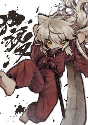 Rule 34 | 1boy, animal ears, barefoot, fangs, hair between eyes, highres, holding, holding sword, holding weapon, inuyasha, inuyasha (character), japanese clothes, jewelry, long hair, looking ahead, male focus, necklace, open mouth, solo, sword, translation request, weapon, white hair, wolf boy, wolf ears, yellow eyes, zudzuki