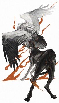 absurdres bird black_fur black_sclera colored_sclera dog eyeball grey_feathers highres nightcrow no_humans original red_eyes signature spread_wings vulture white_background