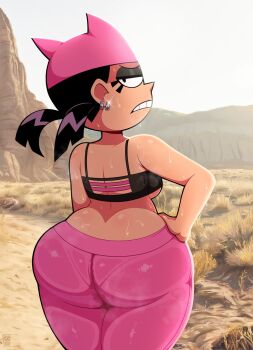 1girl 2022 andro_juniarto ass ass_focus bare_shoulders black_hair breasts eyelashes female_focus from_behind highres hot huge_ass looking_at_viewer looking_back my_life_as_a_teenage_robot nickelodeon outdoors solo solo_focus sweat thick_thighs thighs tiff_crust underboob wide_hips