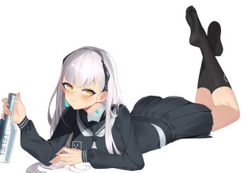 1girl :/ absurdres ak-alfa_(girls'_frontline) black_sailor_collar black_serafuku black_shirt black_skirt blush bottle breasts commentary_request crossed_ankles earrings full_body girls'_frontline girls'_frontline_2:_exilium hand_up highres holding holding_bottle jewelry kneehighs legs_folded long_hair lying medium_breasts miniskirt neckerchief on_stomach pleated_skirt sailor_collar school_uniform serafuku shirt simple_background single_earring skirt socks solo taoyan_lajiaomian tololo_(girls'_frontline_2) tololo_(horizon_cruise)_(girls'_frontline_2) very_long_hair white_background white_hair white_neckerchief yellow_eyes