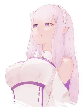 1girl bare_shoulders blunt_bangs breasts closed_mouth clothing_cutout cropped_torso dress elf emilia_(re:zero) flower grey_hair hair_flower hair_ornament hashtag-only_commentary highres large_breasts long_hair misoudesu pointy_ears purple_eyes re:zero_kara_hajimeru_isekai_seikatsu shoulder_cutout simple_background solo upper_body white_background white_dress white_headdress