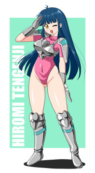 1girl absurdres armor blue_hair blunt_bangs boots breastplate brown_eyes burning_force character_name covered_navel full_body gloves grey_boots grey_gloves highleg highleg_leotard highres leotard long_hair looking_at_viewer one_eye_closed pink_leotard salute smile solo tengenji_hiromi yamatotatari