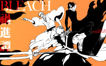 3boys absurdres armor artist_name beard bleach bleach:_sennen_kessen-hen blood blood_on_face chikidney colored_sclera copyright_name dual_wielding facial_hair glasses hair_over_one_eye hand_on_another's_head hand_on_another's_shoulder highres holding holding_sword holding_weapon hollow_ichigo japanese_clothes kimono kurosaki_ichigo male_focus multiple_boys nail_polish obi pointing sash shihakusho shoulder_armor smirk spot_color sword torn_clothes torn_kimono torn_sleeve true_zangetsu_(shikai) weapon wide_sleeves zangetsu_(bleach)