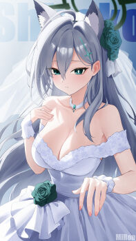 1girl absurdres ahoge alternate_costume animal_ear_fluff animal_ears bare_shoulders black_halo blue_archive blue_eyes breasts bridal_veil character_name cleavage collarbone commentary_request cross_hair_ornament detached_sleeves dress grey_hair hair_between_eyes hair_ornament halo highres large_breasts long_hair looking_at_viewer mi_rong_abmiron mismatched_pupils nail_polish parted_lips pendant_choker pink_nails reaching reaching_towards_viewer shiroko_terror_(blue_archive) short_sleeves sidelocks solo strapless strapless_dress veil wedding_dress white_dress wolf_ears wolf_girl wrist_cuffs