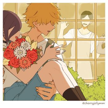 Rule 34 | apron, black hair, blonde hair, blue shorts, brown apron, bush, chainsaw man, closed mouth, commentary request, day, denji (chainsaw man), faceless, faceless female, faceless male, facial hair, highres, looking at another, looking at viewer, medium hair, miri (cherryjelly), mustache, open mouth, outdoors, purple hair, reze (chainsaw man), shirt, short hair, shorts, t-shirt, waving, white shirt, window