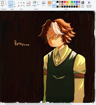 1boy absurdres adventure_time adventure_time:_fionna_and_cake apron art_program_in_frame black_apron brown_hair collared_shirt commentary empty_eyes english_commentary english_text flxphlx glasses highres male_focus messy_hair microsoft_paint_(medium) microsoft_paint_(software) screencap shirt simon_petrikov single_hair_streak solo upper_body white_shirt white_streaks