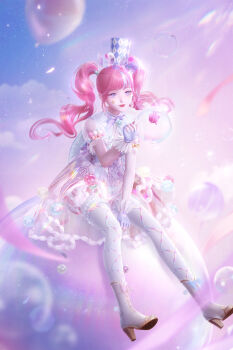 1girl 3d absurdres balloon blue_gloves brown_footwear bubble children&#039;s_day chinese_commentary cloud commentary_request dress fingerless_gloves fingernails freckles gloves highres lipstick makeup nail_polish nikki_(nikki) nikki_(series) official_art pantyhose parted_lips pink_hair purple_eyes ribbon shining_nikki sitting sky smile solo star_(sky) starry_sky twintails white_dress white_headwear white_pantyhose