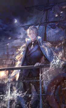 Rule 34 | 1boy, artist request, black pants, black shirt, blazer, blue coat, blue jacket, boat, business suit, buttons, cloud, cloudy sky, coat, coat on shoulders, collared coat, collared jacket, collared shirt, cowboy shot, double-breasted, dress pants, earrings, elf, epaulettes, expressionless, formal clothes, game cg, gibbous moon, gloves, grey eyes, grey hair, hair between eyes, hand on railing, jacket, jewelry, lapels, lens flare, lifebuoy, light frown, light particles, long sleeves, looking at viewer, male focus, mercury (shining nikki), moon, necktie, night, night sky, nikki (series), notched lapels, official art, outdoors, pants, parted lips, pendant earring, pointy ears, sailboat, shining nikki, shirt, short hair, sky, solo, standing, star (sky), starry sky, suit, swim ring, water drop, watercraft, white gloves, white necktie
