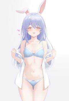 Rule 34 | :p, absurdres, animal ear fluff, animal ears, blue bra, blue hair, blue panties, blush, bow, bow bra, bow panties, bra, breasts, commentary, gluteal fold, heart, highres, hololive, looking at viewer, navel, nishiki vx, panties, rabbit ears, rabbit girl, shirt, short eyebrows, simple background, small breasts, stomach, thick eyebrows, tongue, tongue out, underwear, undressing, untranslatable commentary, usada pekora, virtual youtuber, white background, white shirt