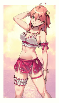 1girl ;q ahoge alternate_costume bare_shoulders bell breasts cherry_blossom_print cleavage collarbone floral_print frilled_thigh_strap green_eyes groin hair_bell hair_between_eyes hair_ornament hand_on_own_head highres hololive knees long_hair medium_breasts midriff mstm navel ocean one_eye_closed outdoors pink_hair sakura_miko sakura_miko_(1st_costume) sky solo standing thigh_strap tongue tongue_out virtual_youtuber