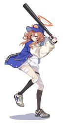Rule 34 | 1girl, arms up, bandaid, bandaid on face, bandaid on leg, bandaid on nose, baseball bat, baseball cap, black socks, blue archive, blue jacket, bobonasudan, eyewear on headwear, fang, halo, hat, highres, holding, holding baseball bat, hood, hoodie, jacket, kneehighs, long hair, long sleeves, mole, mole under eye, orange-tinted eyewear, orange hair, orange halo, purple eyes, rei (blue archive), shadow, shoes, simple background, sneakers, socks, solo, standing, standing on one leg, thigh strap, tinted eyewear, white background, white hoodie