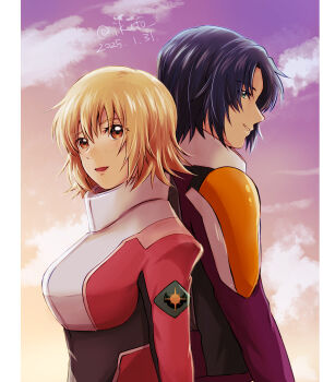 Rule 34 | 1boy, 1girl, artist name, athrun zala, back-to-back, blonde hair, blue hair, cagalli yula athha, cloud, commentary request, dated, green eyes, gundam, gundam seed, gundam seed freedom, highres, ikasaman, light smile, mecha pilot suit, short hair, sky, sunset, twitter username, yellow eyes
