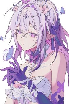 1girl absurdres bare_shoulders breasts bug butterfly castorice_(honkai:_star_rail) dress flower gloves hair_flower hair_ornament hashtag-only_commentary highres honkai:_star_rail honkai_(series) hyeto07 insect long_hair looking_at_viewer medium_breasts pointy_ears purple_eyes purple_gloves purple_hair simple_background solo upper_body very_long_hair white_background white_dress