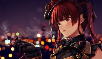 1girl absurdres bare_shoulders black_bow black_gloves black_shirt blush bow breasts cigarette cleavage detached_sleeves flower gloves hat hat_flower heterochromia highres holding holding_cigarette hololive houshou_marine long_hair mushrooming_man parted_lips red_eyes red_flower red_hair see-through_cleavage see-through_clothes shirt sidelocks smoking solo twintails virtual_youtuber yellow_eyes