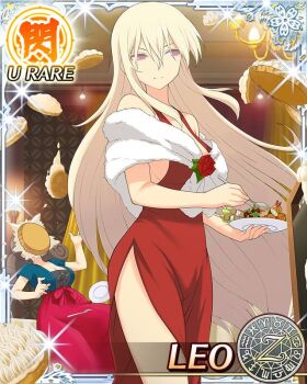 aimu_(senran_kagura) aquarius_(symbol) aries_(symbol) blonde_hair blue_shirt blush border breasts brooch brown_hair cancer_(symbol) capricorn_(symbol) card_(medium) chandelier character_name cleavage cocktail_dress cream cream_on_face curled_ends curly_hair dodecagram dress eating english_text fighting flower flower_brooch food food_fight food_on_face fork gemini_(symbol) hair_between_eyes hair_ornament hairclip holding holding_fork holding_plate in_the_face indoors jewelry large_breasts leo_(senran_kagura) leo_(symbol) libra_(symbol) long_hair long_skirt looking_at_viewer low_twintails multiple_girls party pie pie_in_face pink_flower pink_rose pisces_(symbol) plate purple_eyes red_dress red_flower red_rose red_skirt rose sagittarius_(symbol) scorpio_(symbol) senran_kagura senran_kagura_new_wave shawl shirt shrimp shrimp_tempura side_slit sideboob skirt sparkle swept_bangs taurus_(symbol) tempura throwing throwing_food throwing_pie twintails very_long_hair virgo_(symbol) white_shawl zodiac_wheel