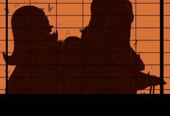 1boy 1girl cynthia_(pokemon) fuzzlogik hair_over_one_eye heart hetero highres limited_palette missionary nintendo open_mouth orange_background pokemon pokemon_dppt sex solo_focus tongue tongue_out