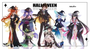 2boys 5girls absurdres alternate_costume anemo_symbol_(genshin_impact) animal animal_on_shoulder aqua_eyes aqua_hair aranara_(genshin_impact) bare_shoulders barefoot black_cape black_dress black_hair black_hat black_jacket black_shoes black_shorts blonde_hair blue_eyes blue_hair blue_pupils bracelet braid braided_ponytail breasts brown_hair brown_hat brown_jacket brown_pants cape cleavage closed_eyes closed_mouth columbina_(genshin_impact) commentary_request crescent cropped_jacket crying dendro_symbol_(genshin_impact) dress dress_shirt drop-shaped_pupils earrings electro_symbol_(genshin_impact) english_text furina_(genshin_impact) genshin_impact gold_trim gradient_cape gradient_hair green_cape green_eyes hair_between_eyes halloween hand_in_pocket hat heterochromia high_heels highres holding holding_unworn_clothes holding_unworn_hat hydro_symbol_(genshin_impact) jacket jewelry kneeling large_breasts long_hair long_sleeves looking_at_viewer mavuika_(genshin_impact) multicolored_hair multiple_boys multiple_girls nahida_(genshin_impact) nene_chiru pants parted_lips pointy_ears purple_eyes purple_hair pyro_symbol_(genshin_impact) raiden_shogun red_eyes red_hair red_sash sash see-through_cleavage see-through_clothes shirt shoes shorts side_ponytail side_slit smile squatting standing star_(symbol) streaming_tears symbol-shaped_pupils tears teeth unworn_hat unworn_headwear venti_(genshin_impact) very_long_hair vision_(genshin_impact) white_background white_hair white_shirt witch_hat yae_miko yae_miko_(fox) zhongli_(genshin_impact)