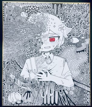 1boy antenna_hair basil_(faraway)_(omori) basil_(omori) commentary_request double-parted_bangs flower greyscale hair_between_eyes hair_flower hair_ornament hand_on_own_chest highres knife looking_at_viewer male_focus monochrome nervous_smile nervous_sweating omori red_eyes short_hair short_sleeves sidelocks smile solo something_(omori) spot_color sweat uminosoko44 upper_body