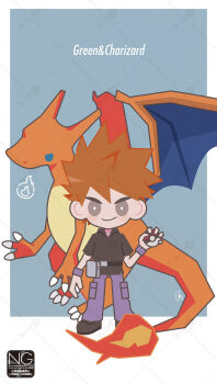 Rule 34 | 1boy, black shirt, blue eyes, blue oak, blush, brown hair, charizard, claws, closed mouth, commentary request, fire, flame-tipped tail, gen 1 pokemon, grey eyes, highres, holding, holding poke ball, looking at viewer, meme (sleepsheep), nintendo, pants, poke ball, poke ball (basic), pokemon, pokemon (creature), pokemon frlg, purple pants, shirt, short hair, short sleeves, smile, spiked hair, tail, wings, wristband
